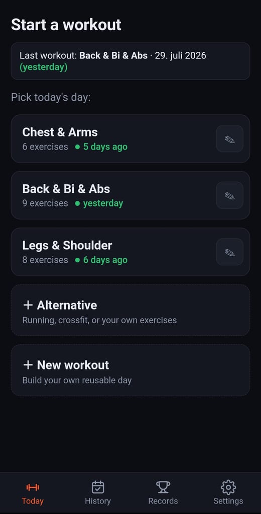 Pick your day and start a workout