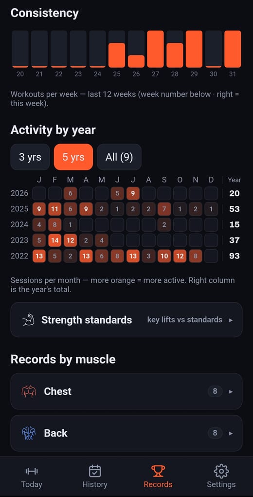 Records, strength standards, progress